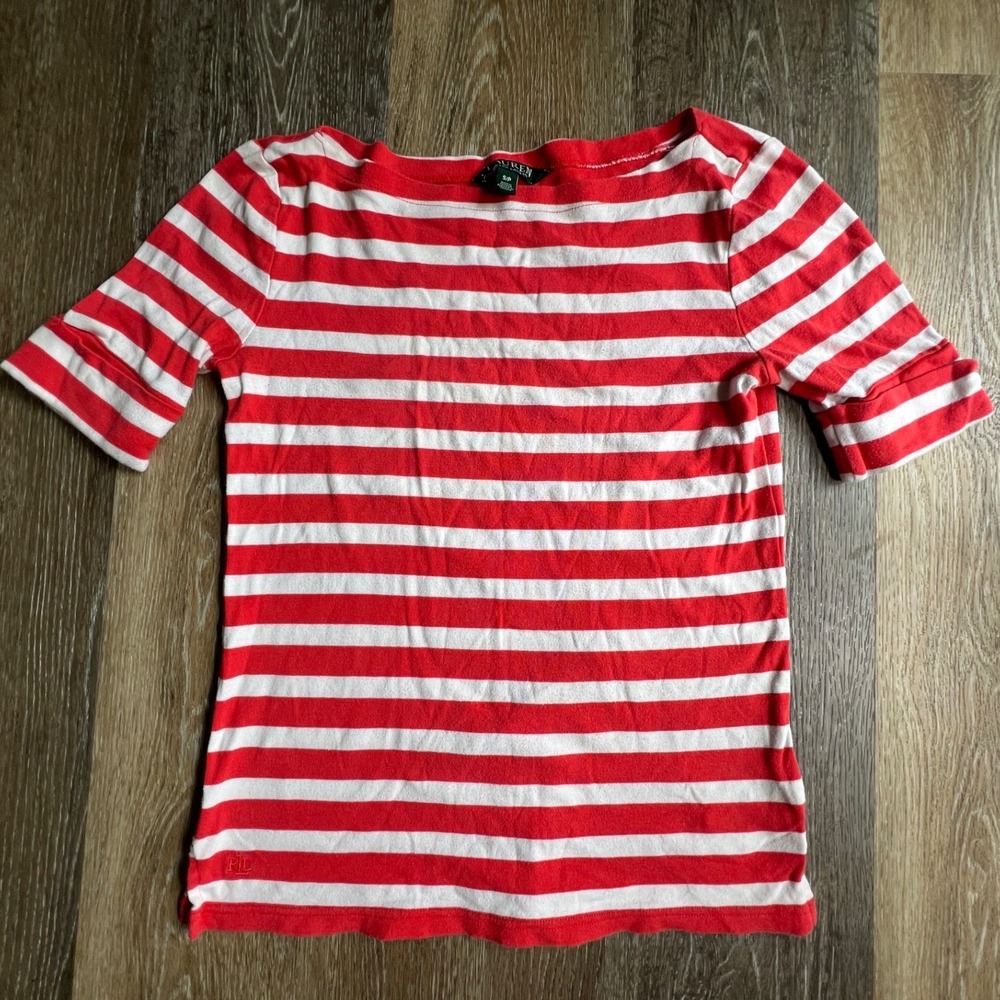 Lauren Ralph Lauren Top Women Small Red White Striped Boat Neck Short Sleeve